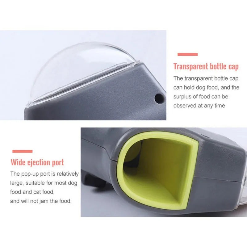 Grey plastic pet snack catapult launcher toy on a plain background.