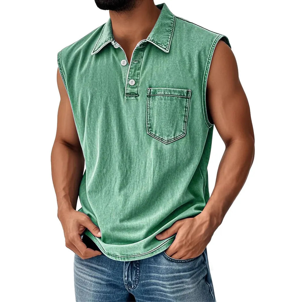 Man wearing a loose-fit short-sleeve polo shirt with a 3D digital print design.