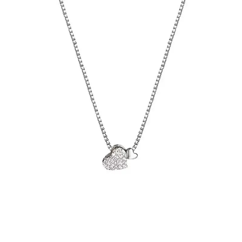 Double love geometric copper pendant necklace on clavicle chain, white gold finish