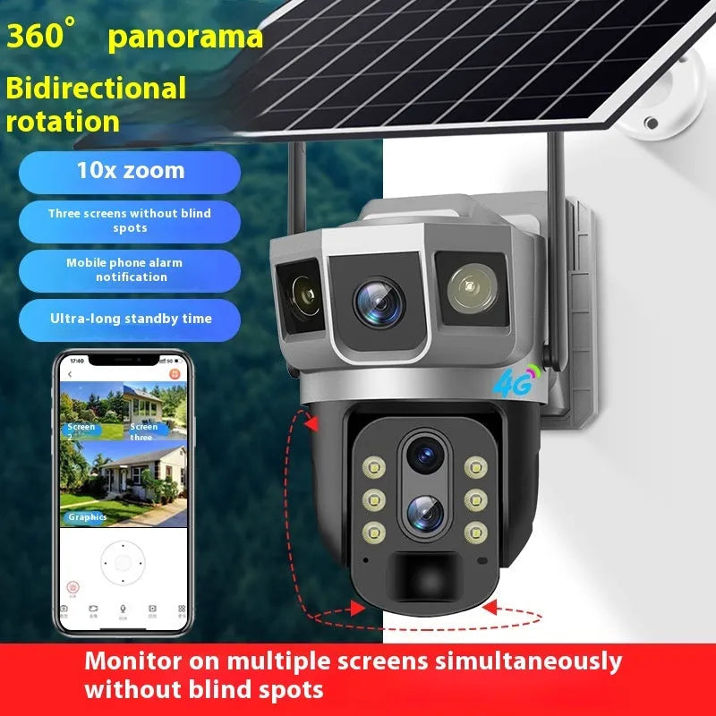 V380 outdoor 4G smart security camera with solar panel on a stand