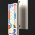 Three-colour luminous mechanical-feel USB keyboard in desktop setup showing backlighting