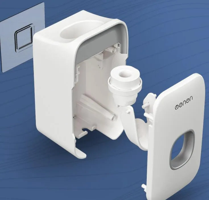 Automatic wall-mounted toothpaste dispenser in blue, grey, and pink colours with USB charging cable.