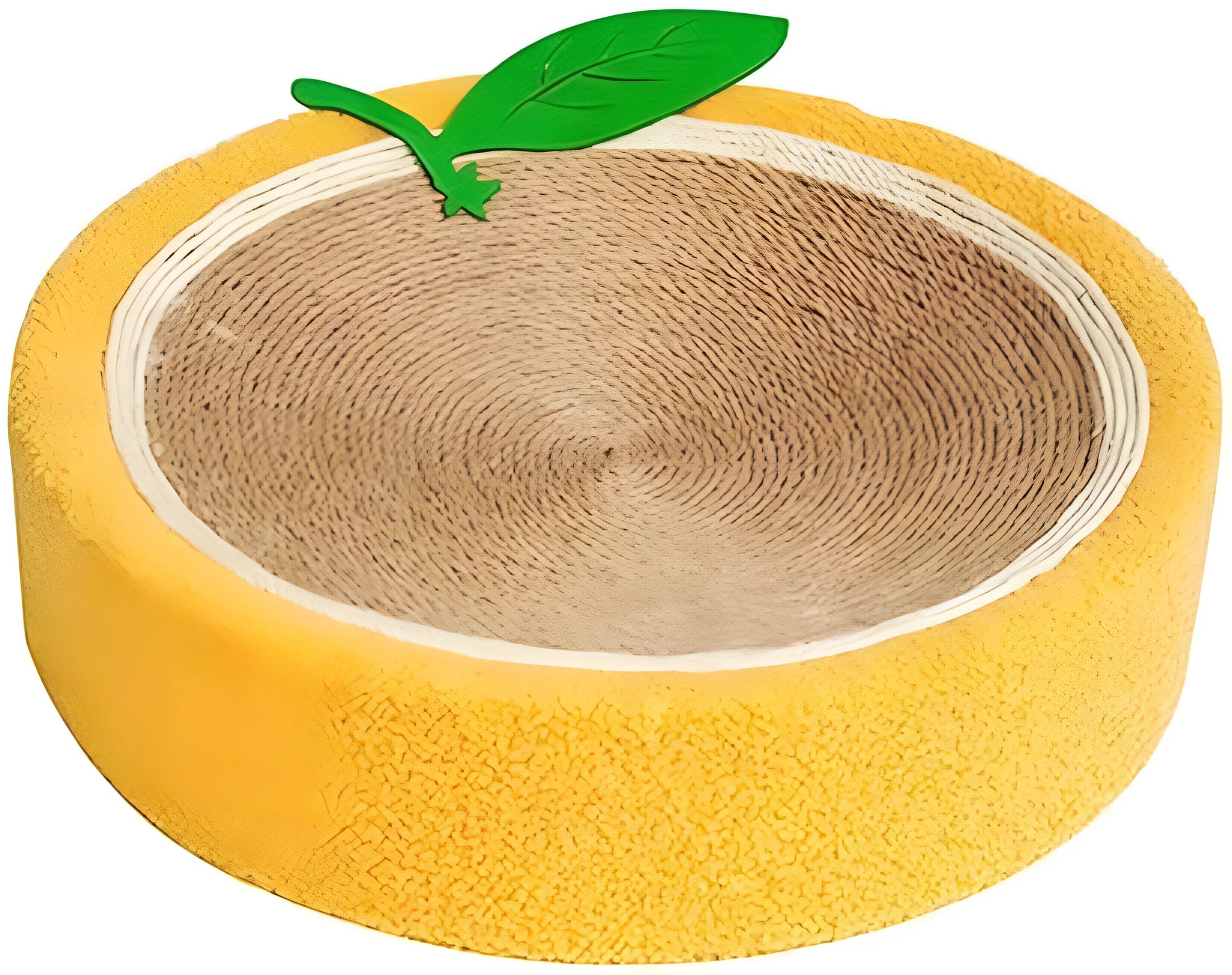 Yellow round cat scratching board with sisal surface and concave bed centre