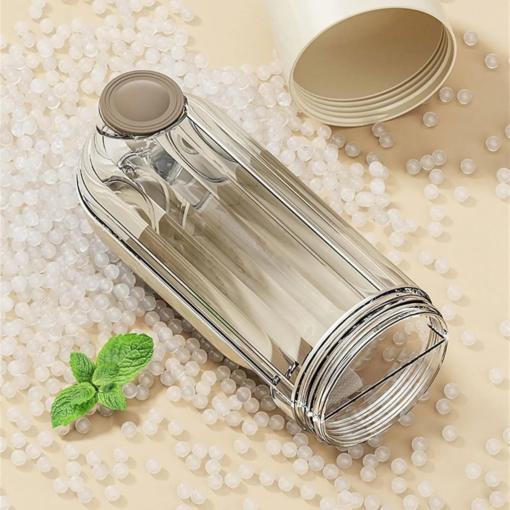 Foldable dog water bottle with food dispenser in beige colour for outdoor walking