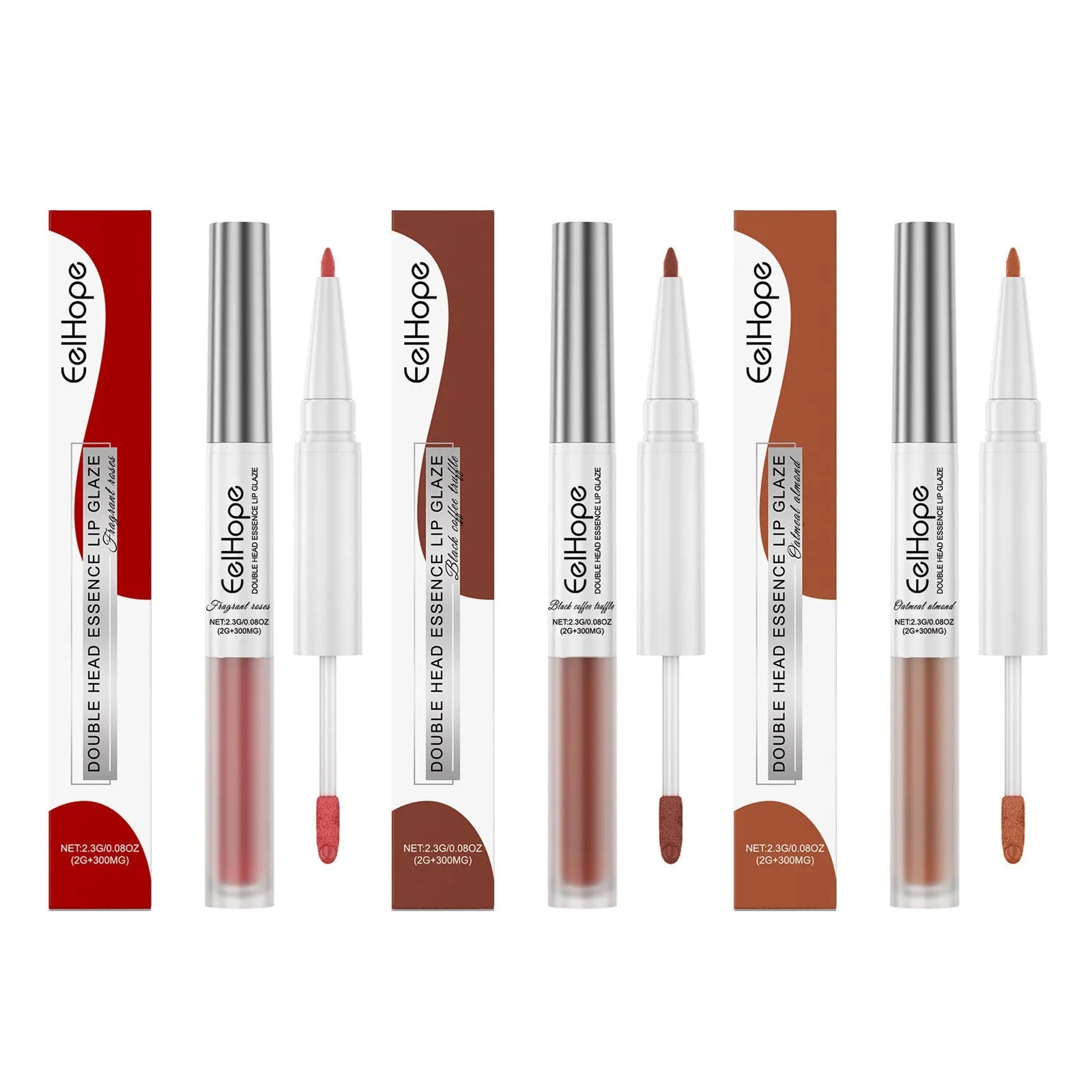 Double-headed lip liner and lip lacquer pen lipstick in choice of three colours.