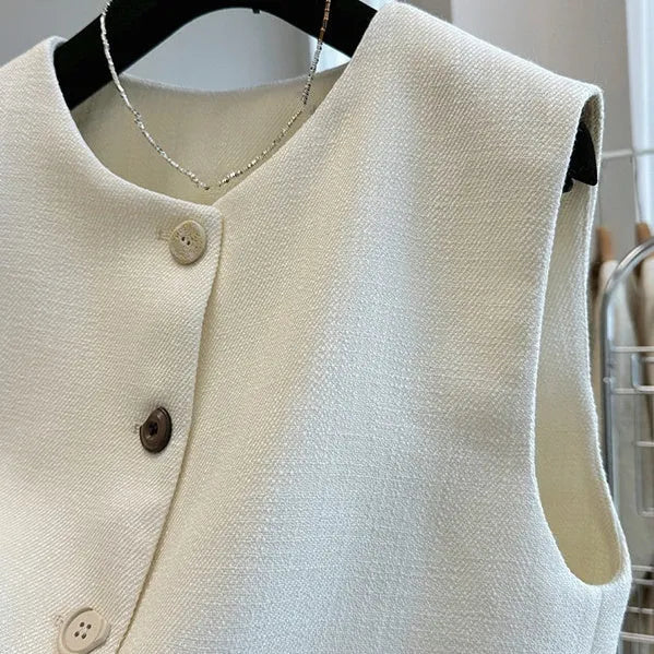Women's sleeveless bandage vest dress in polyester, round neck design in milk white colour
