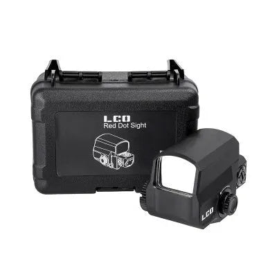 LCO tactical red dot holographic sight mounted on 20mm rail with crisp red dot reticle visible