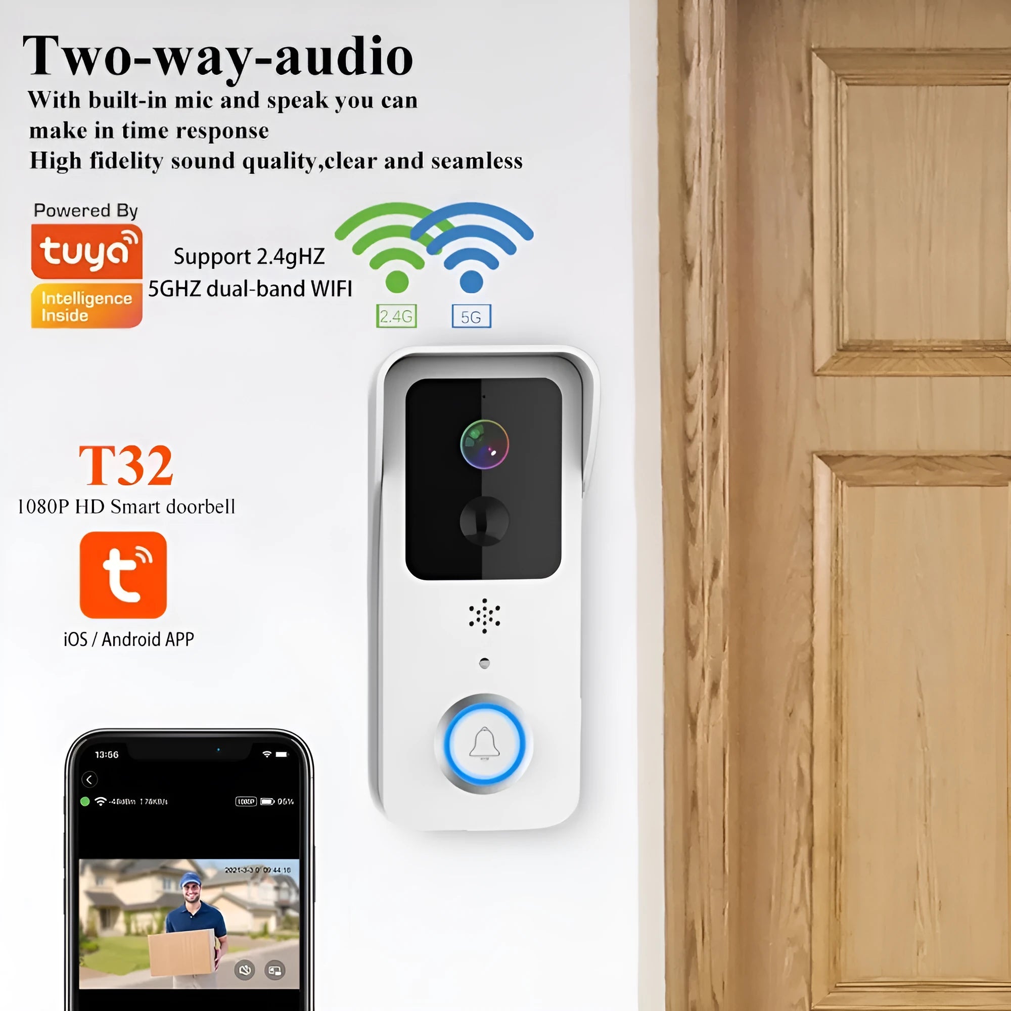 Smart waterproof HD visual doorbell with 18650 battery and app connectivity