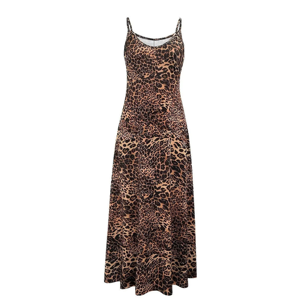 Women's dark brown leopard print dress with round neck and sleeveless design
