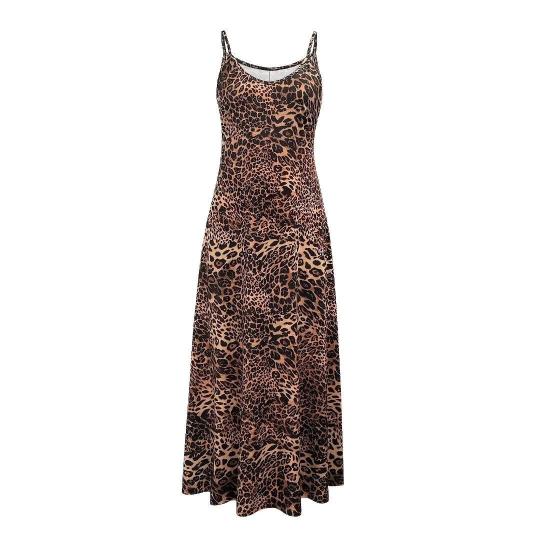 Women's dark brown leopard print dress with round neck and sleeveless design