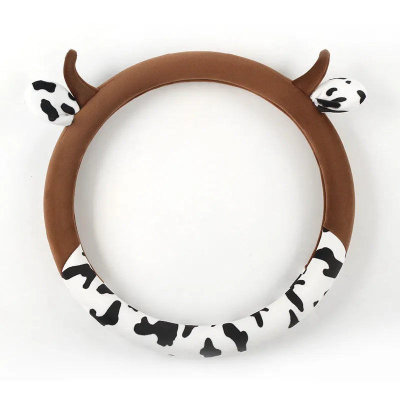 Black short plush car steering wheel cover shown on a vehicle steering wheel