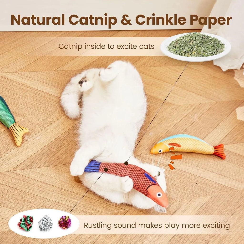 Soft plush fish-shaped cat kicker toy filled with organic catnip in green, orange, and yellow colours.