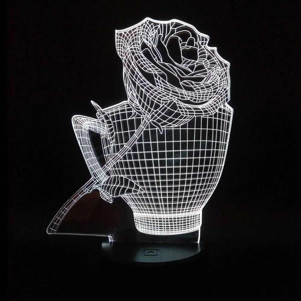 3D rose-shaped LED night light with remote control on a table, displaying a purple glow.