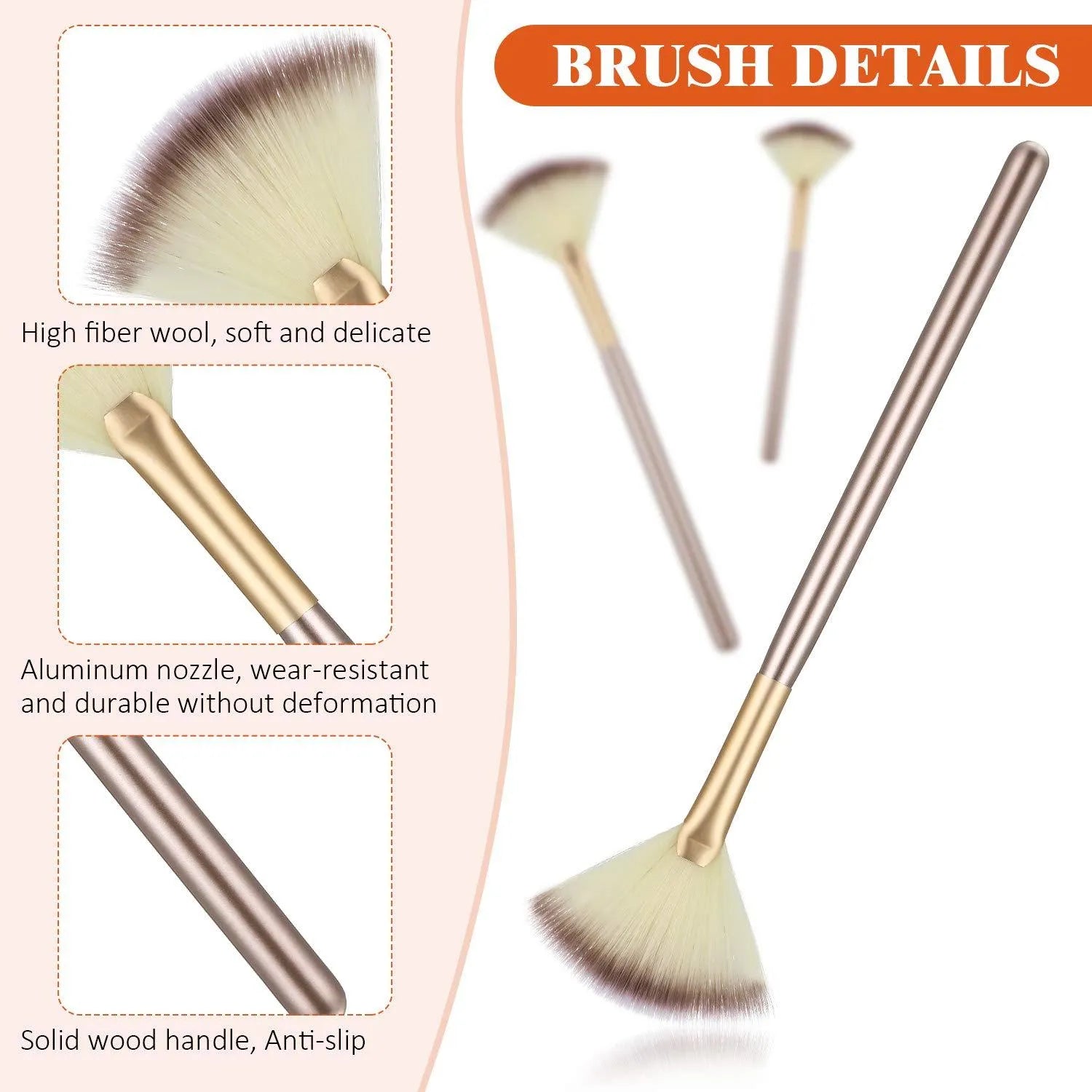 Ten champagne-coloured facial fan brushes with acrylic handles and protective covers laid out.