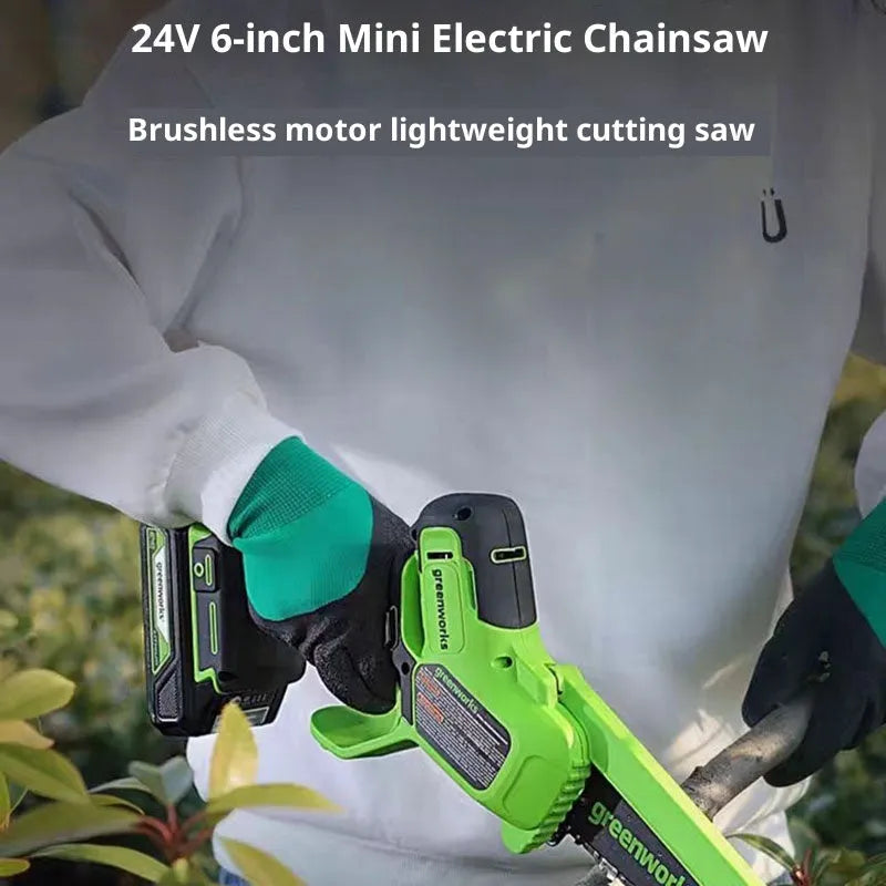 6-inch small electric chain saw with 24V lithium battery, 400W motor, and EU charger shown on white background