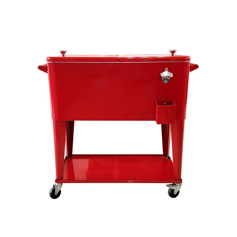 Red outdoor metal insulated trolley cooler box with 750 capacity for picnics.