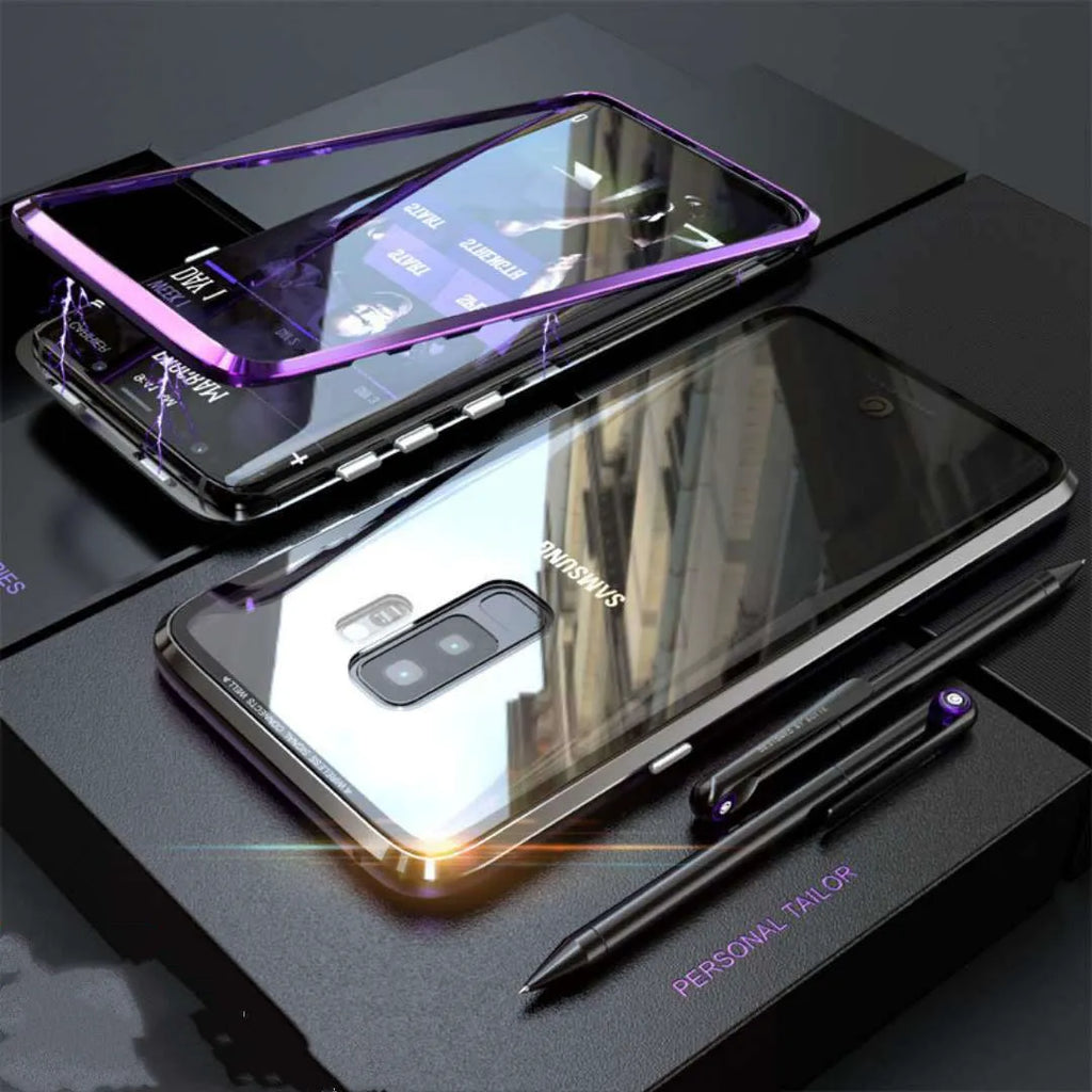 Black magnetic privacy phone case with clamshell design showing anti-peeping screen