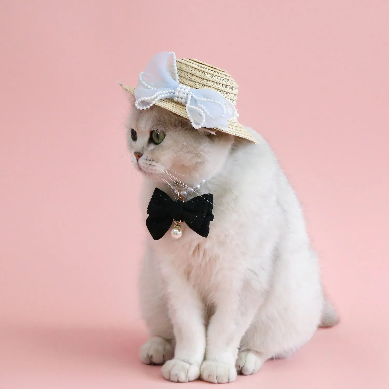 Woven straw hat for cats with pearl bow decoration in princess style