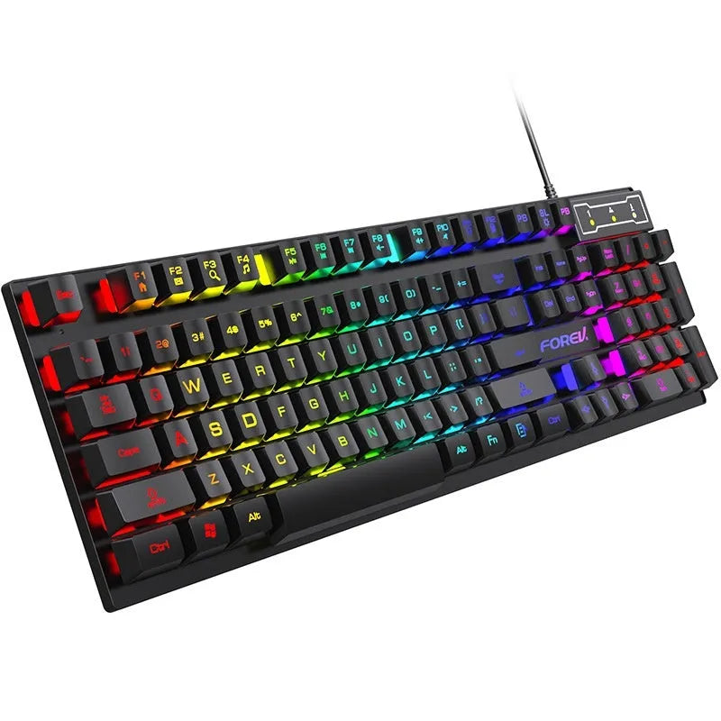 Black 104-key mechanical gaming keyboard with backlight and optical mouse on desktop