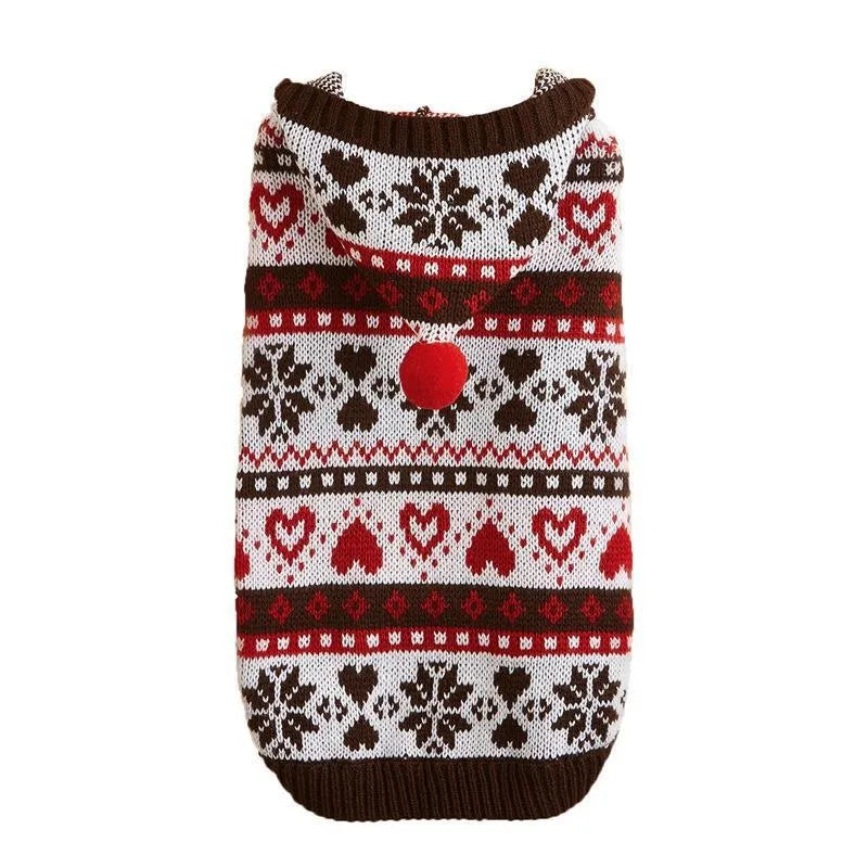Striped pink blue grey knitted dog sweater with snowflake and camouflage patterns for small Bichon breed.