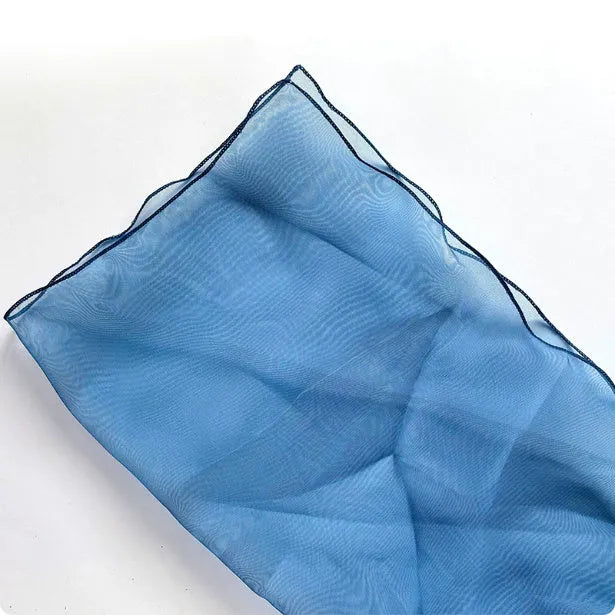 Silk arabesquitic fabric flower bouquet bag in blue colour showing decorative patterning and 60×60cm dimensions