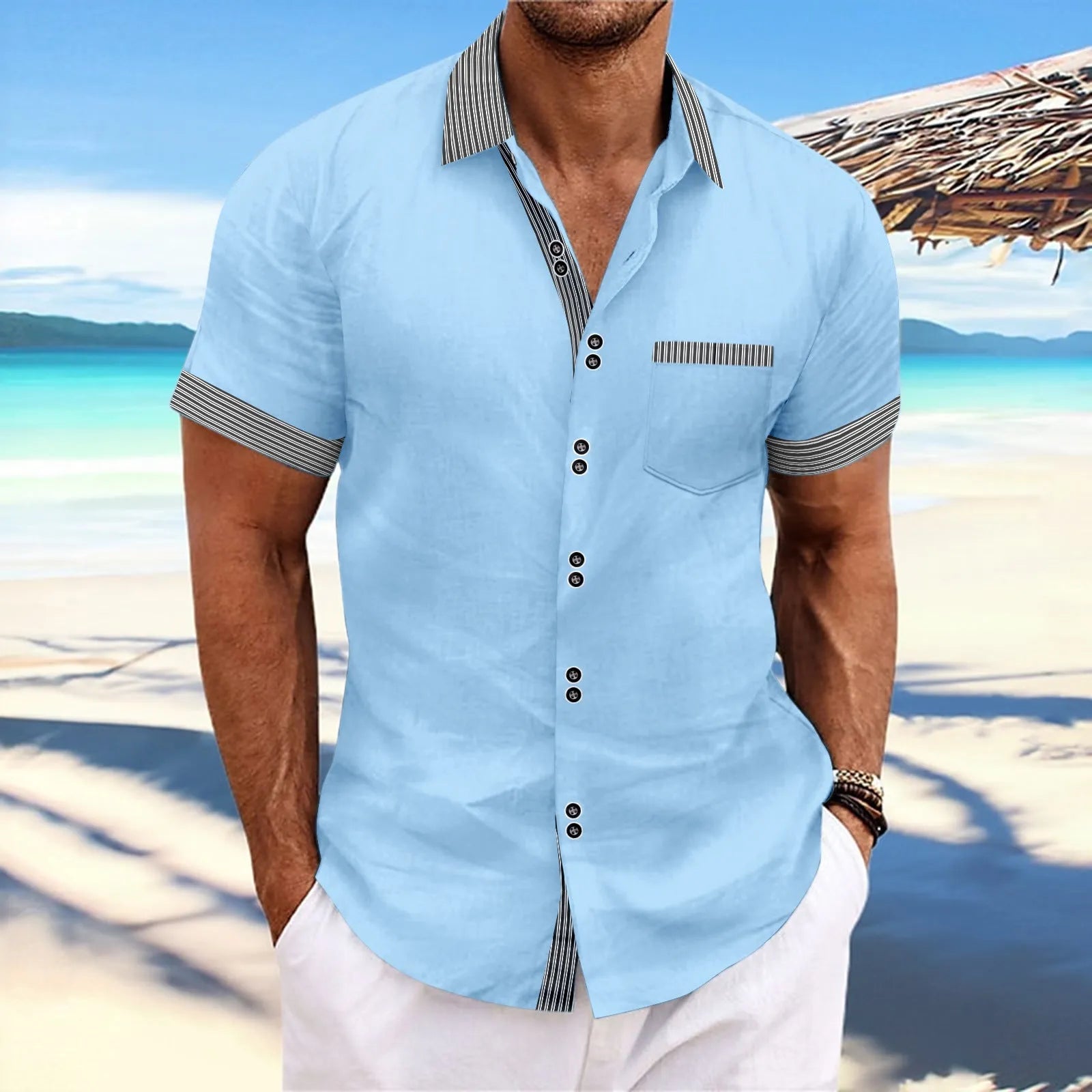 Pure cotton slim fit striped short sleeve casual shirt with double button front