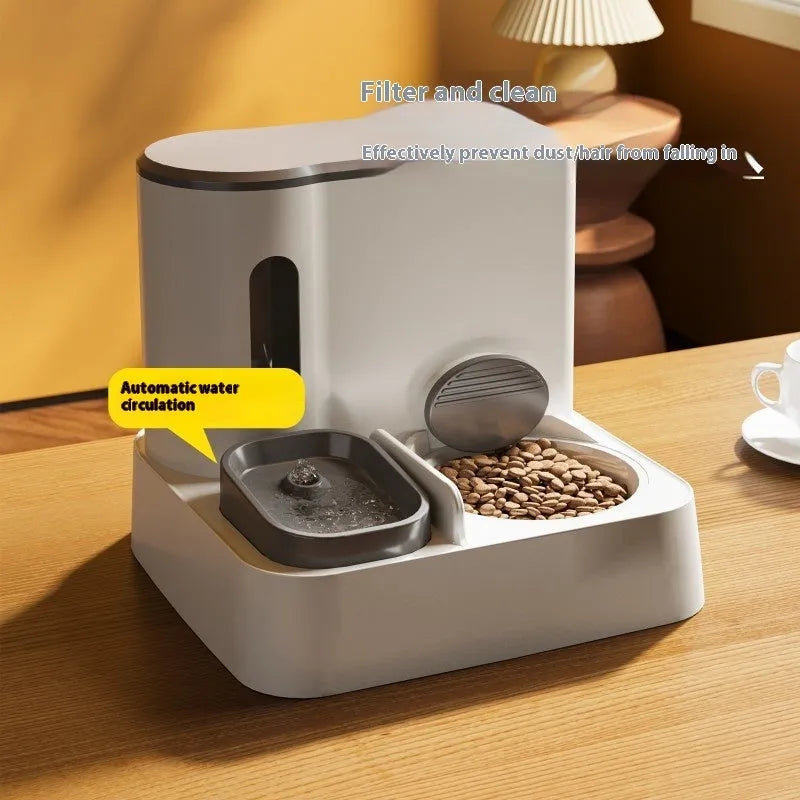 Automatic cat feeder with integrated water dispenser showing grey, green, and yellow colour options