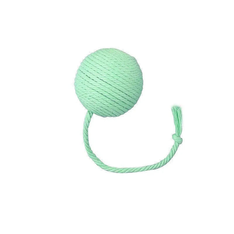 Interactive cat toy ball with rope attachment and built-in bell in green, pink, purple and yellow colours