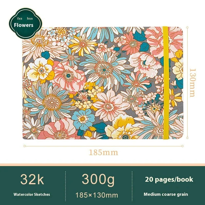 Feiluniao handmade fabric watercolour sketchbook with colourful themed cover, 185mm long.