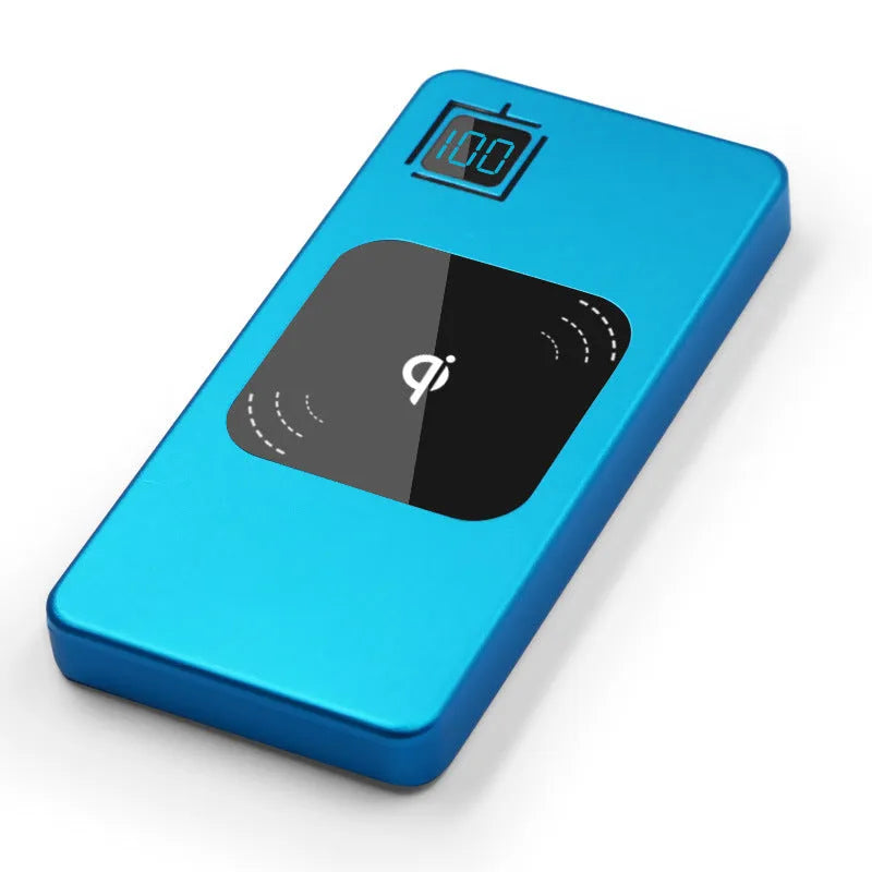 Silver alloy portable power bank with LCD display showing battery percentage, next to a smartphone.