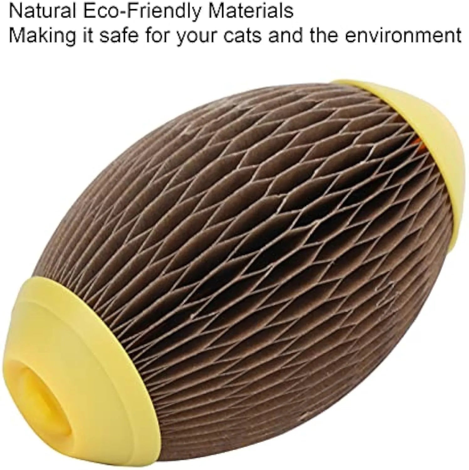 Ellipse-shaped catnip ball toy made of brown corrugated paper for scratching and play.