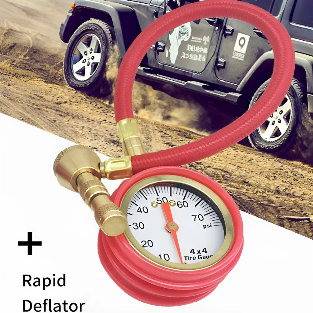 Mechanical car tyre pressure gauge with a rubber shell and rapid deflation valve.