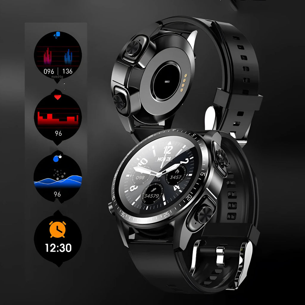Black smart watch with silicone strap displaying blood pressure and oxygen data on a 1.28-inch screen.