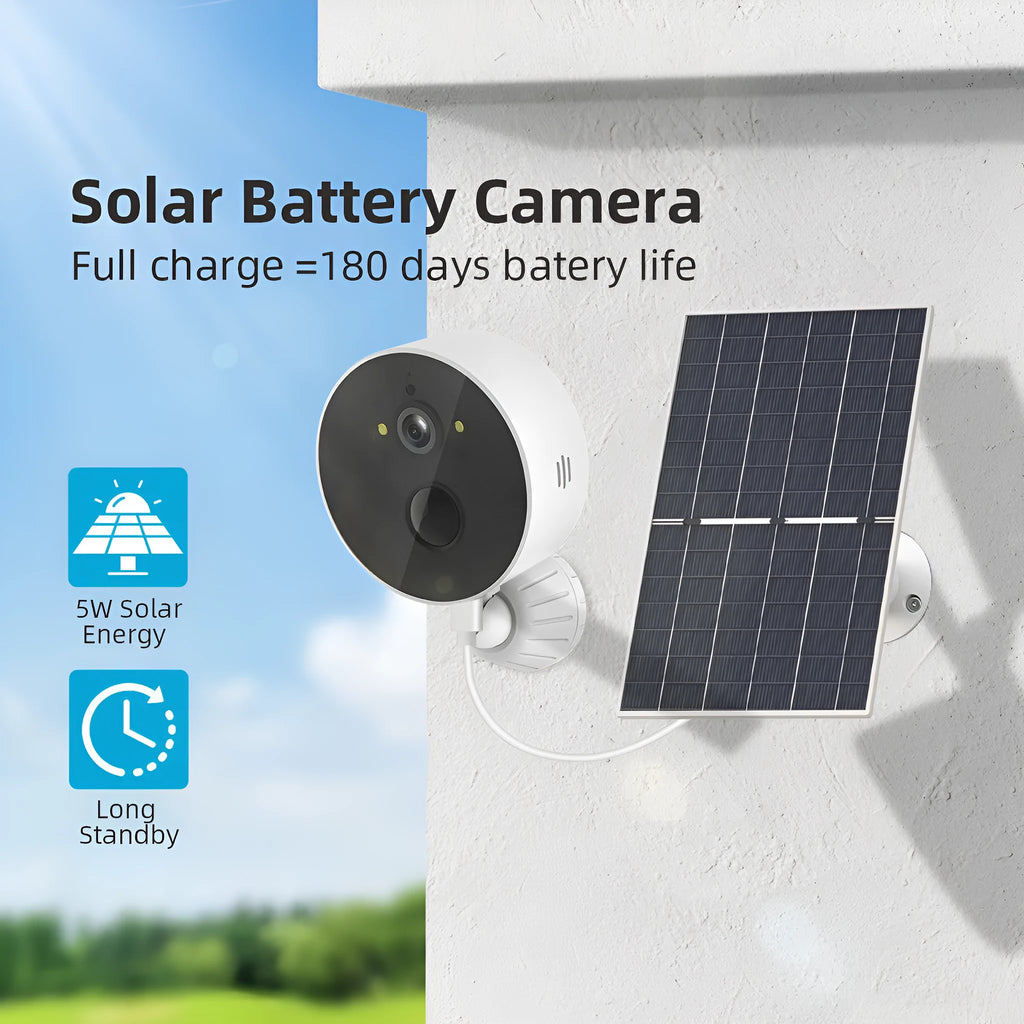 Solar security camera with attached solar panel for outdoor wireless monitoring