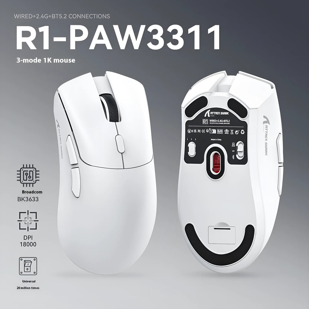 Attack Shark wireless Bluetooth gaming mouse in black, white, and red colours showing ergonomic design