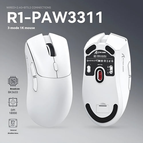 Attack Shark wireless Bluetooth gaming mouse in black, white, and red colours showing ergonomic design
