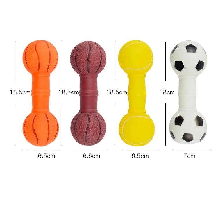 Brown, orange, white, and yellow PVC squeaky football dumbbell shaped dog chew toy