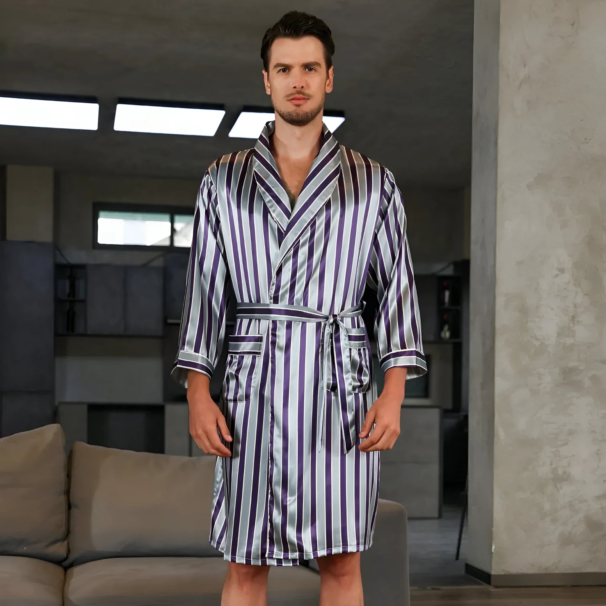 Men's rayon silk bathrobe nightgown with Asian continental sizing in multiple colour options