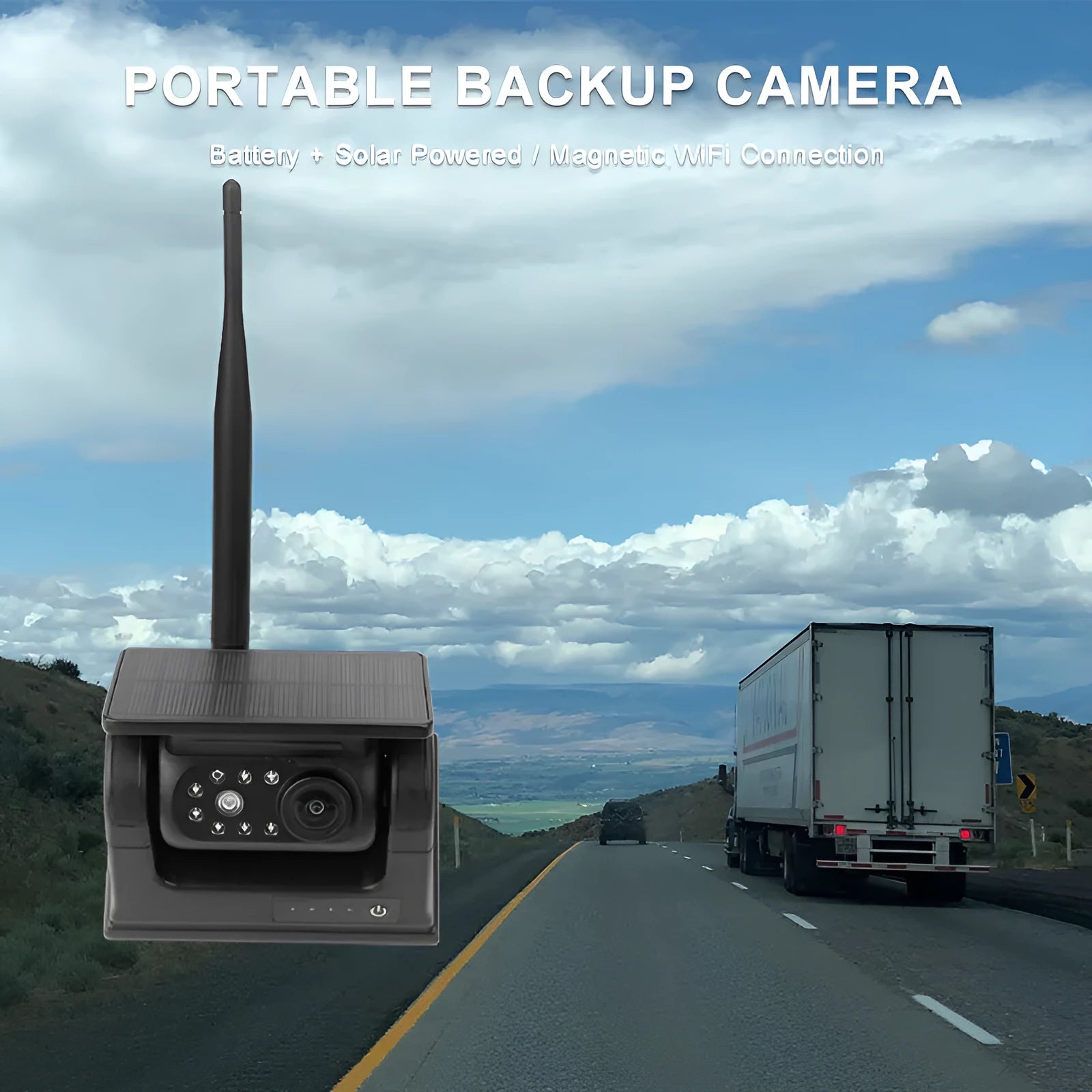 Solar wireless charging vehicle reversing camera with aluminium alloy shell and magnet on black mount.
