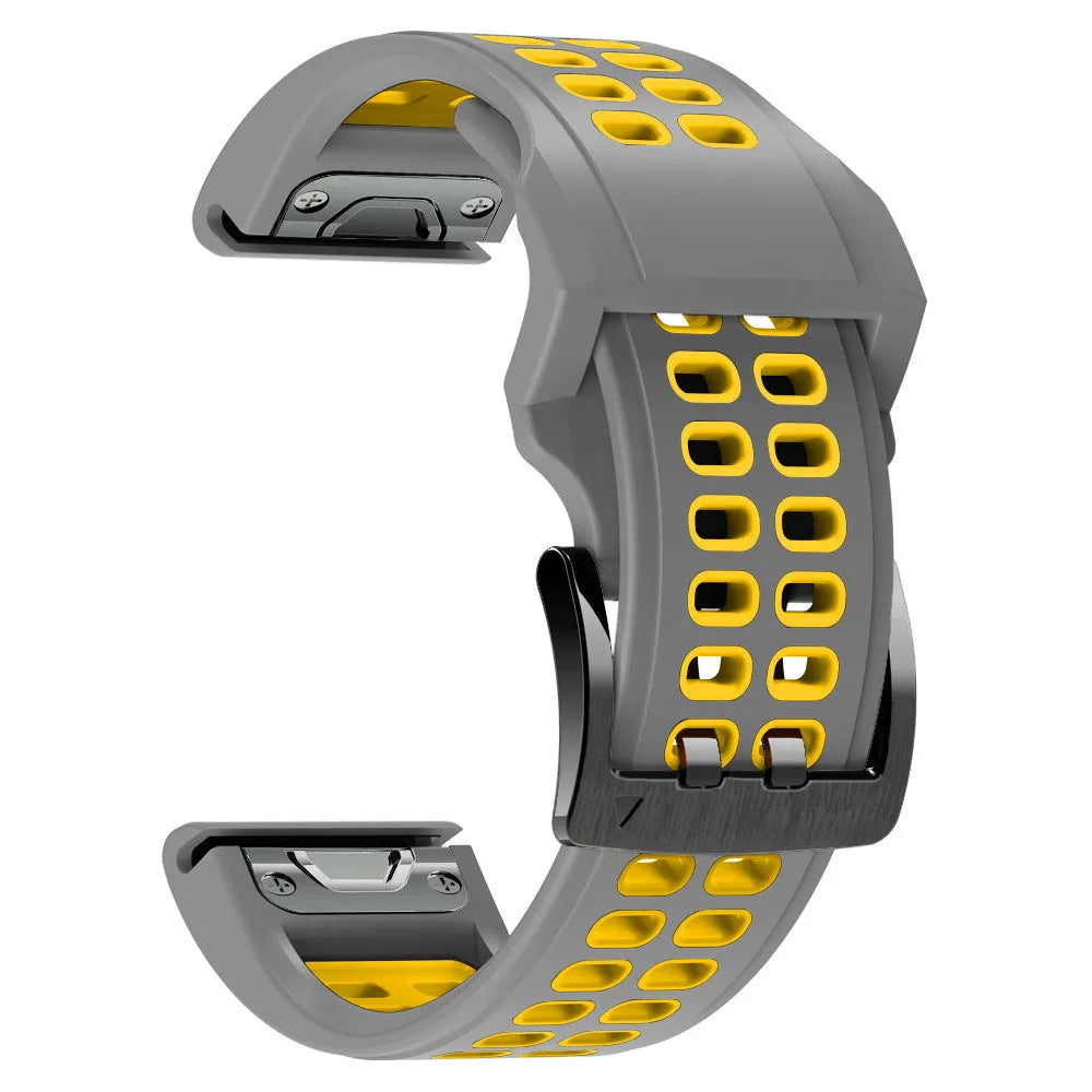 Quick release double-row hole silicone sports watch strap in a two-tone colour on a watch.