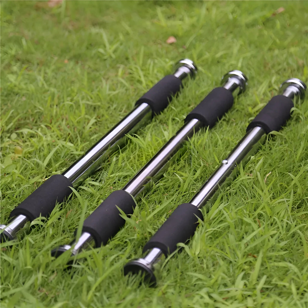 Steel adjustable pull-up bar extended for doorframe installation, showing parallel grips.