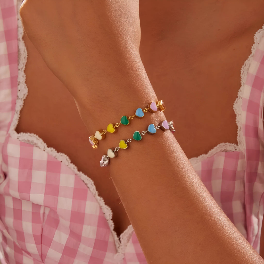 Love heart-shaped colourful oil necklace bracelet in stainless steel with gold electroplated finish