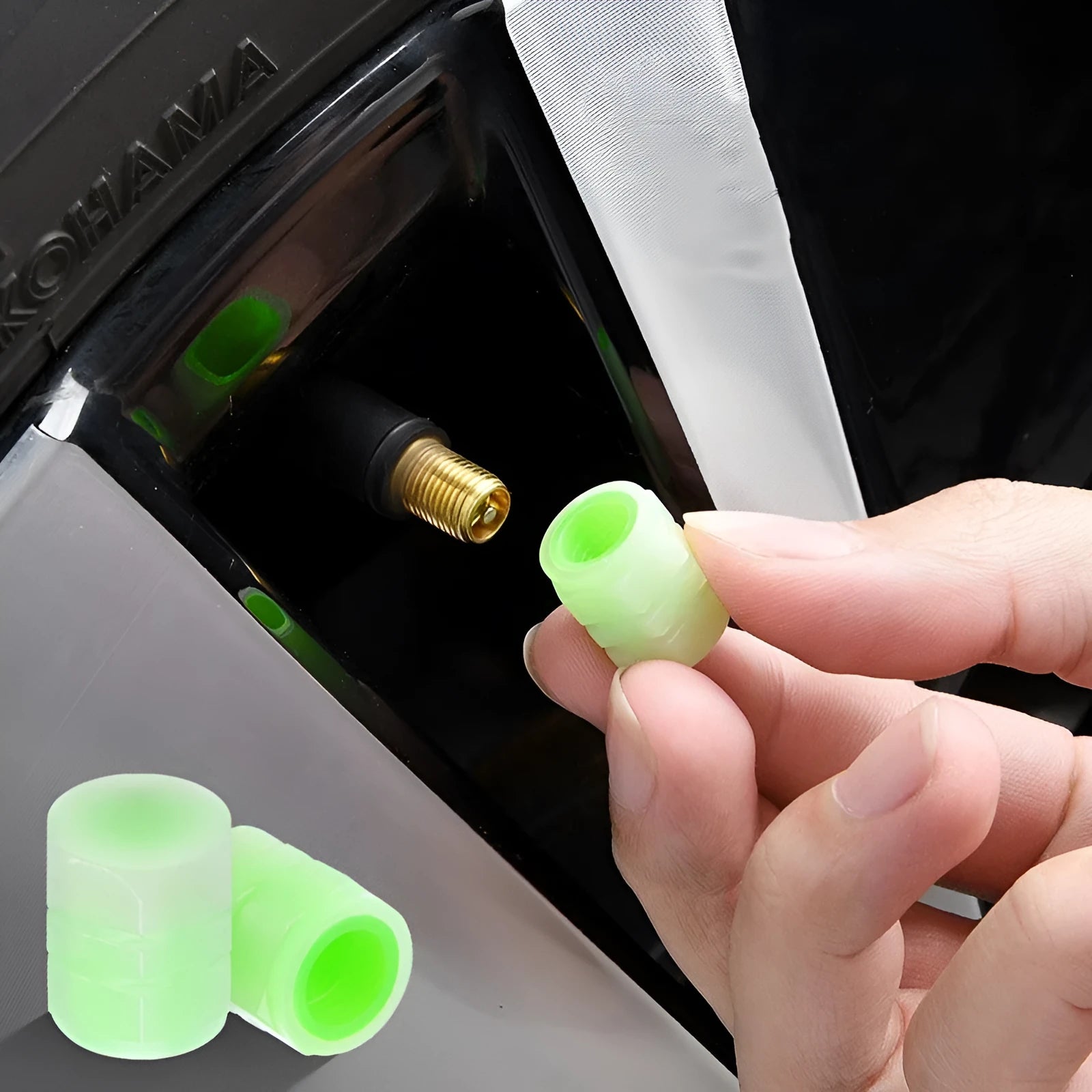 Rubber luminous valve caps for cars with glow-in-the-dark feature, 16mm by 12mm size