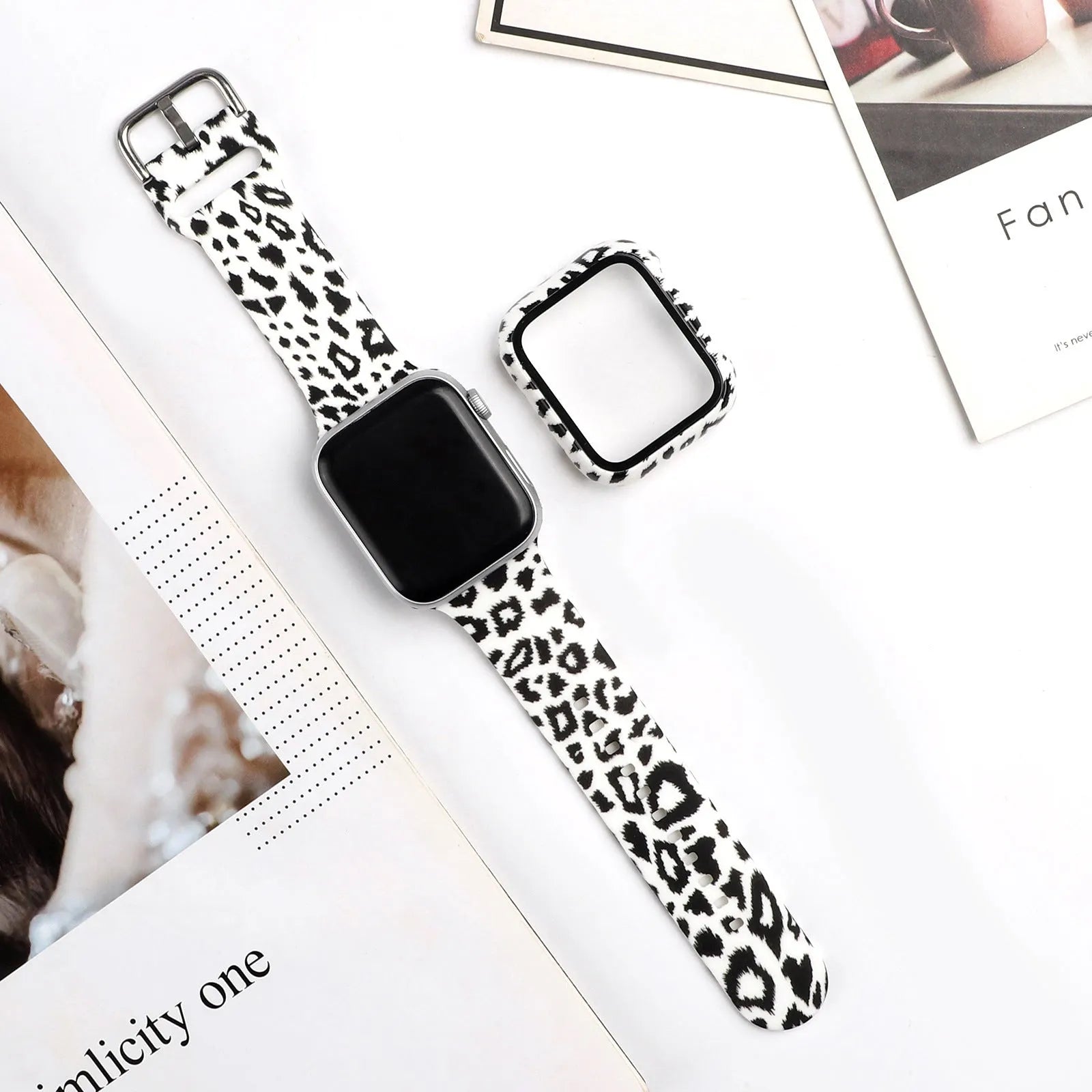 Printed silicone watch strap for Apple Watch showing multiple colourful pattern options.