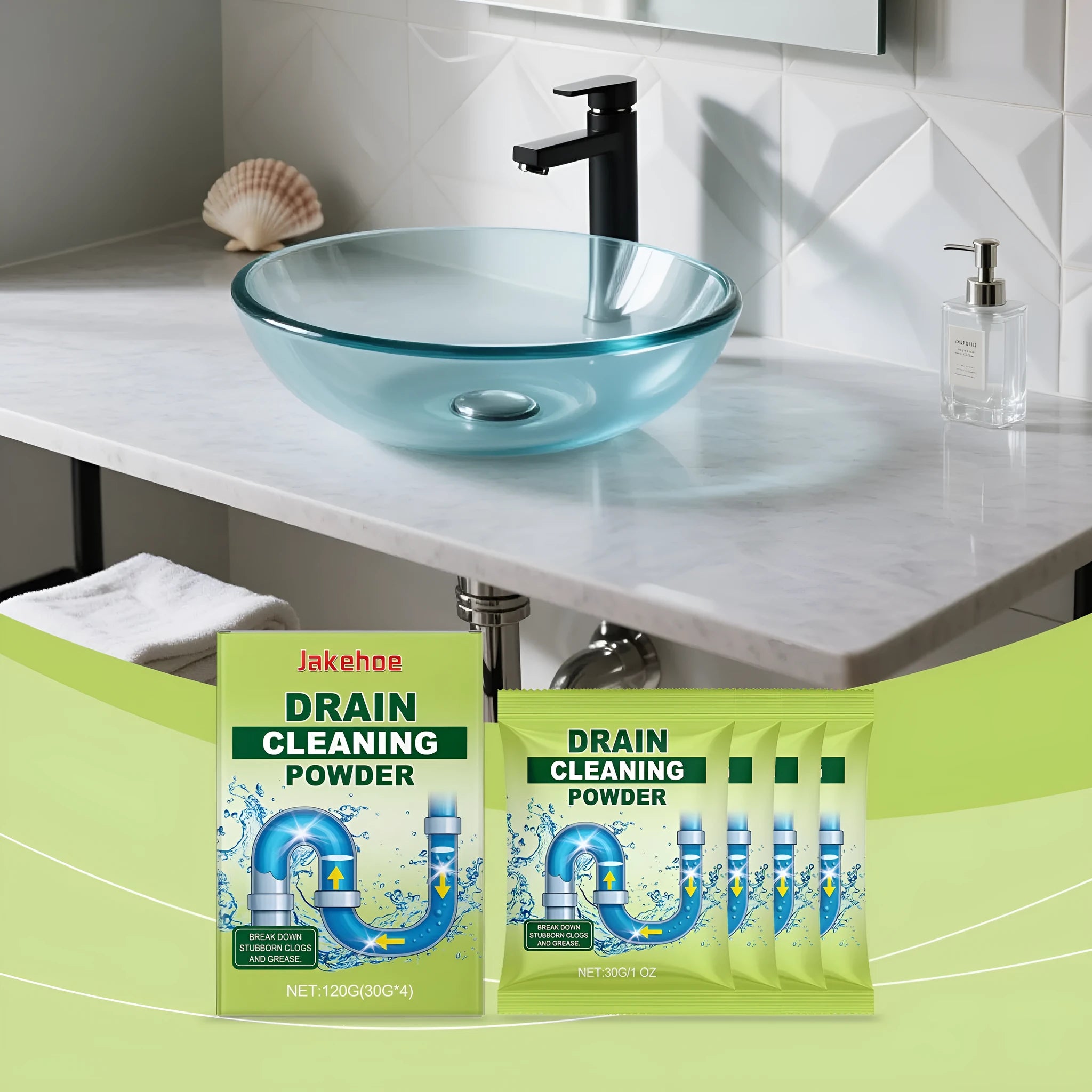 120g container of drain cleaning powder with sodium hydroxide for blocked sinks