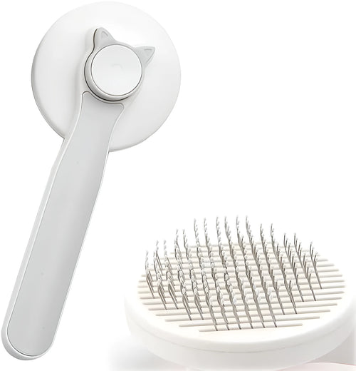 Blue self-cleaning cat and dog brush with rubber-tipped pins and a non-slip handle on a white background.