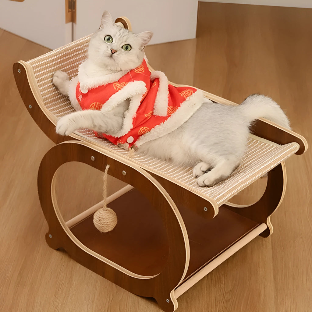 Solid wood cat bed with sisal scratching surface in walnut colour recliner design