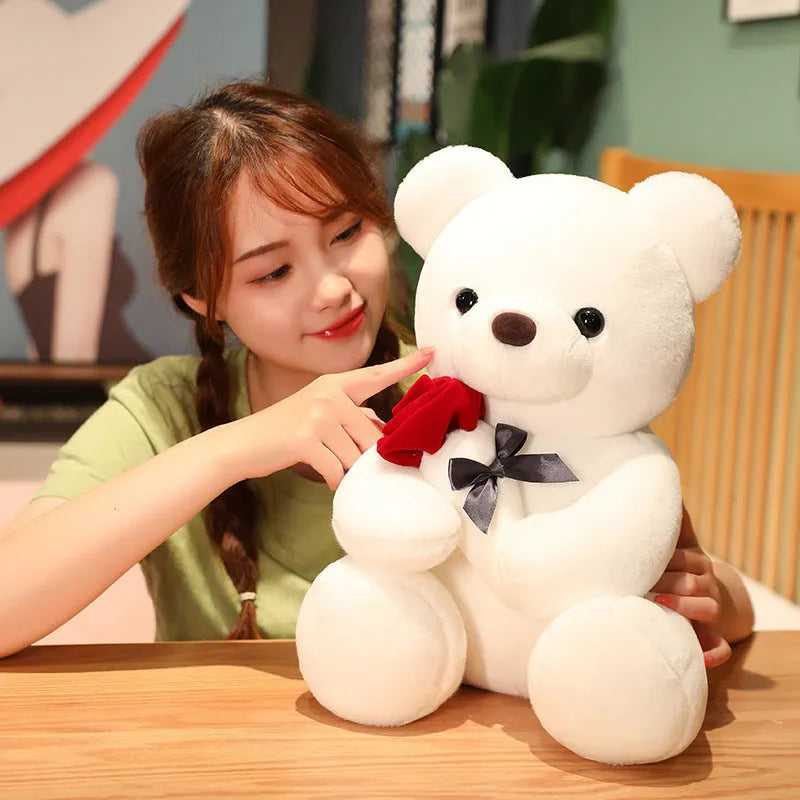 Plush teddy bear pillow in rose bear colours with cartoon design, shown in 25cm, 35cm and 45cm sizes