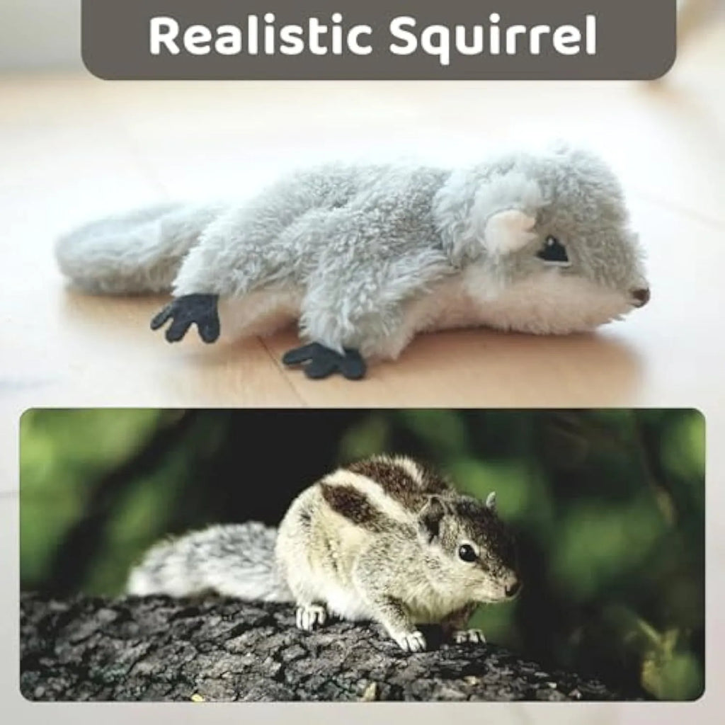 Grey flapping squirrel cat toy with USB charging cable and motion sensor activation