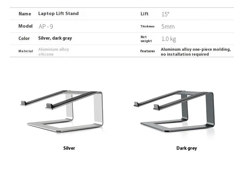 Aluminium laptop stand in black or silver with ventilation gap and foldable design